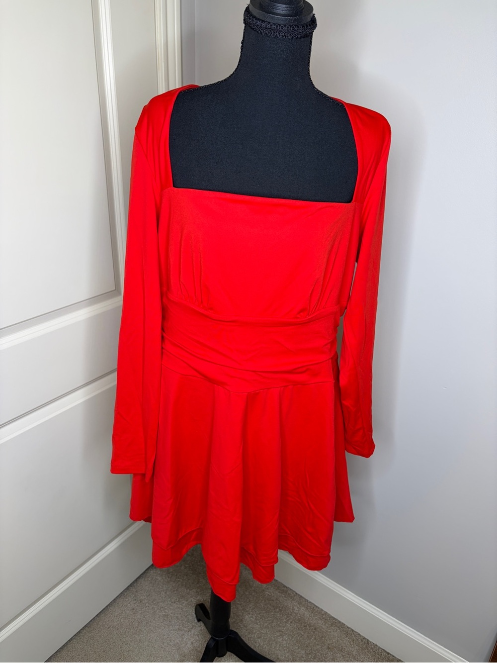 Red Long-Sleeve Fit & Flare Dress Cinched Waist XL